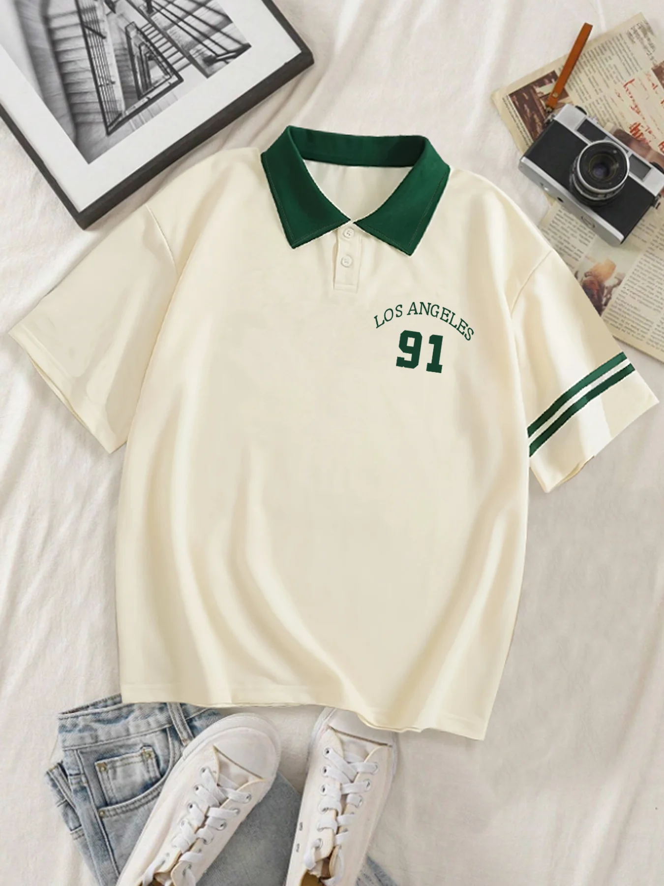 

Los Angeles 91 Graphic Casual Golf Polo Shirt, Fashionable Versatile Short Sleeve With Collar And Sleeve Stripes, Streetwear Top