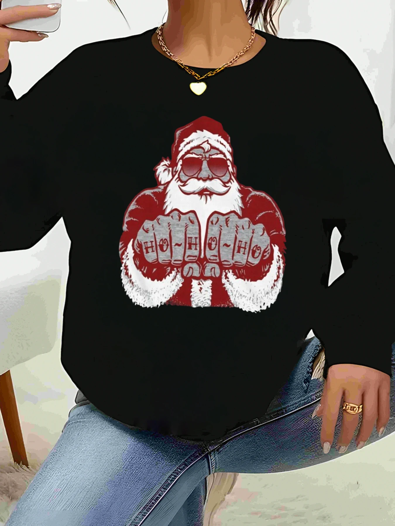 선글라스와 맥주를 든 산타클로스 프린트 크리스마스 스웨트셔츠 여성용 캐주얼웨어