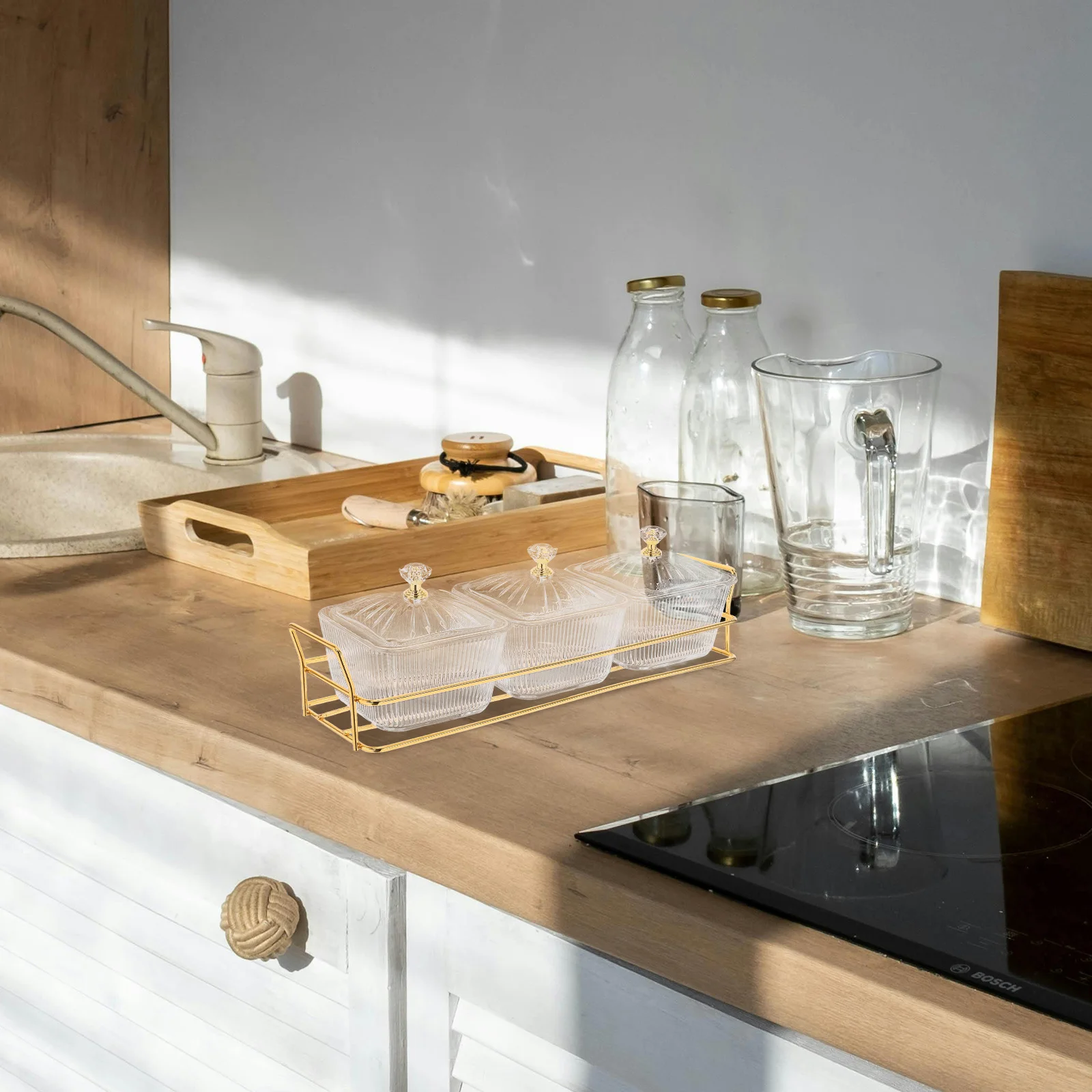 

1Set Serving Bowls with Lids Metal Rack Divided Dishes Removable Trays Appetizers Fruits Nuts PP