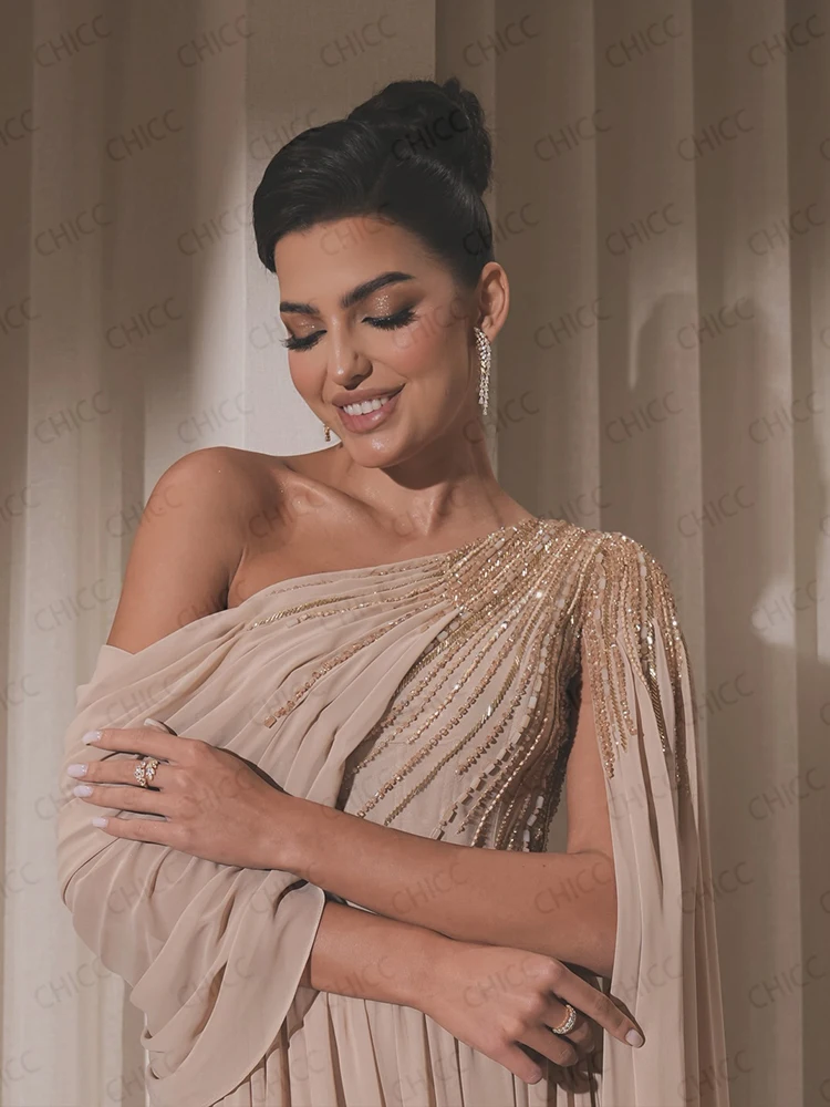 Luxury Evening Dresses One Shoulder Sleeveless A Line Prom Dresses Chiffon Beading Wedding Guest Gown Customized robes de soirée