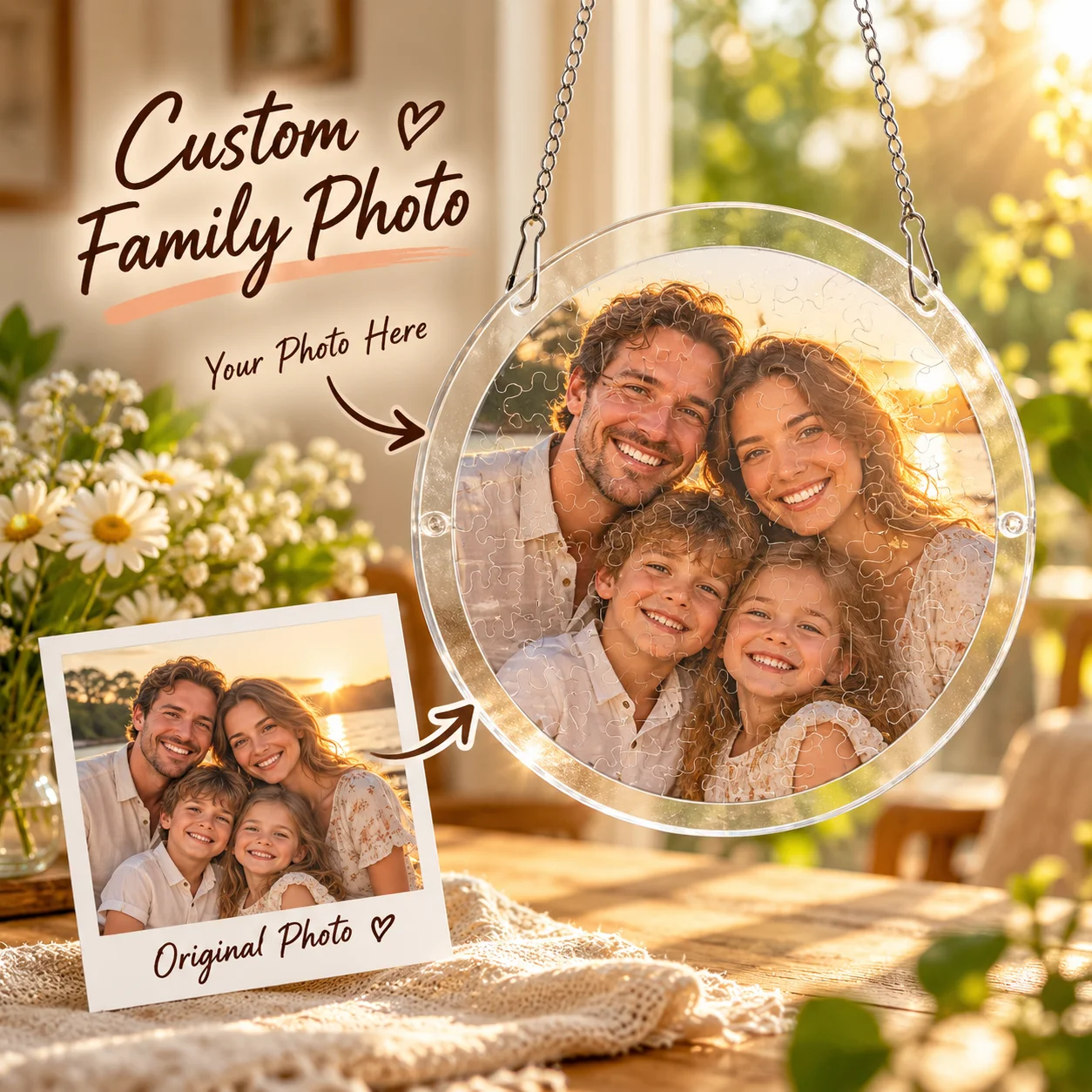 Custom Image Round Acrylic Puzzle Ornament Personalized Jigsaw Hanging Pendant Wall Window Decor Suncatcher Creative Friend Gift