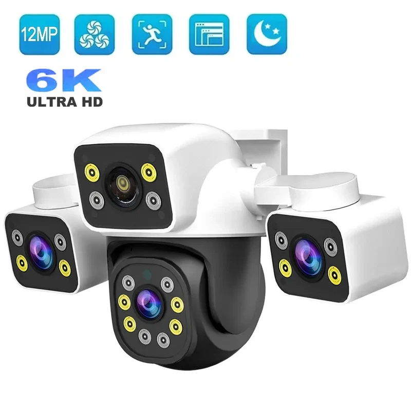 6K 12MP HD IP Camera Outdoor Three-Lens External WiFi Camera 4K Dual Screen Security PTZ Cam Auto Tracking CCTV Surveillance