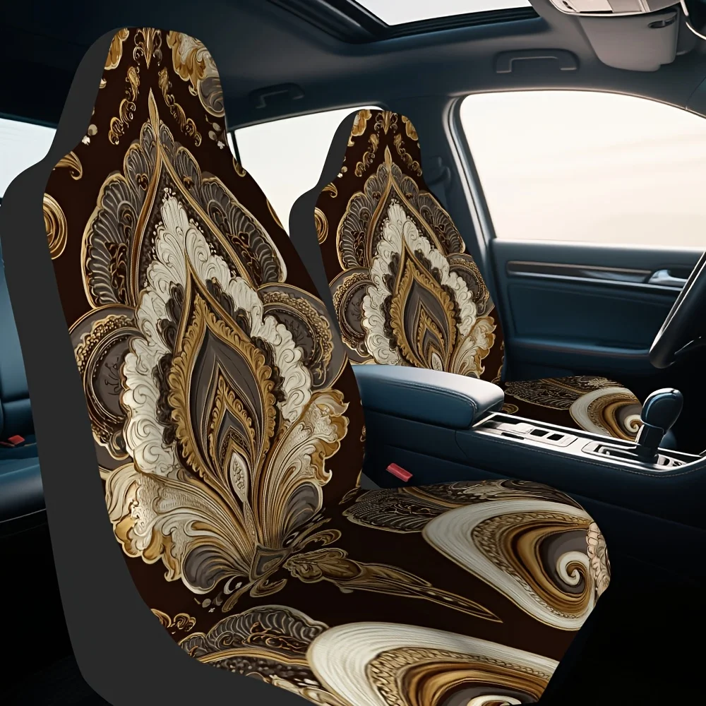 2pcs Elegant Ornate Floral Motif Brown Print Front Seat Covers - Quick-Remove & Washable, Durable Polyester, Universal Fit For C