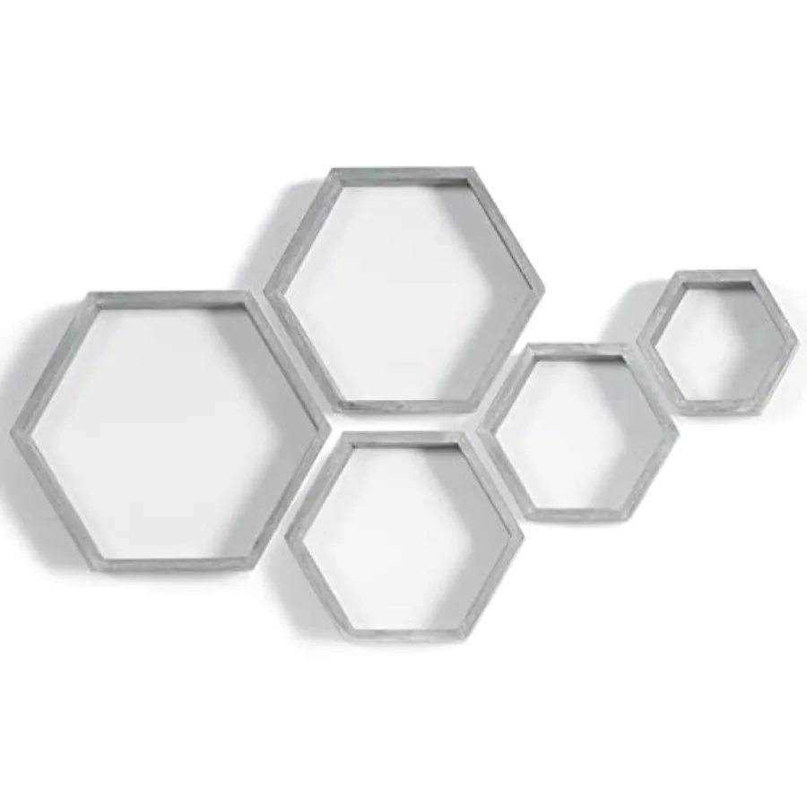 

Hexagon Floating Shelves, Wall Mounted Wood Farmhouse Storage Honeycomb Wall Shelf Set of 5, for Bathroom, Kitchen, Bedroom, Li