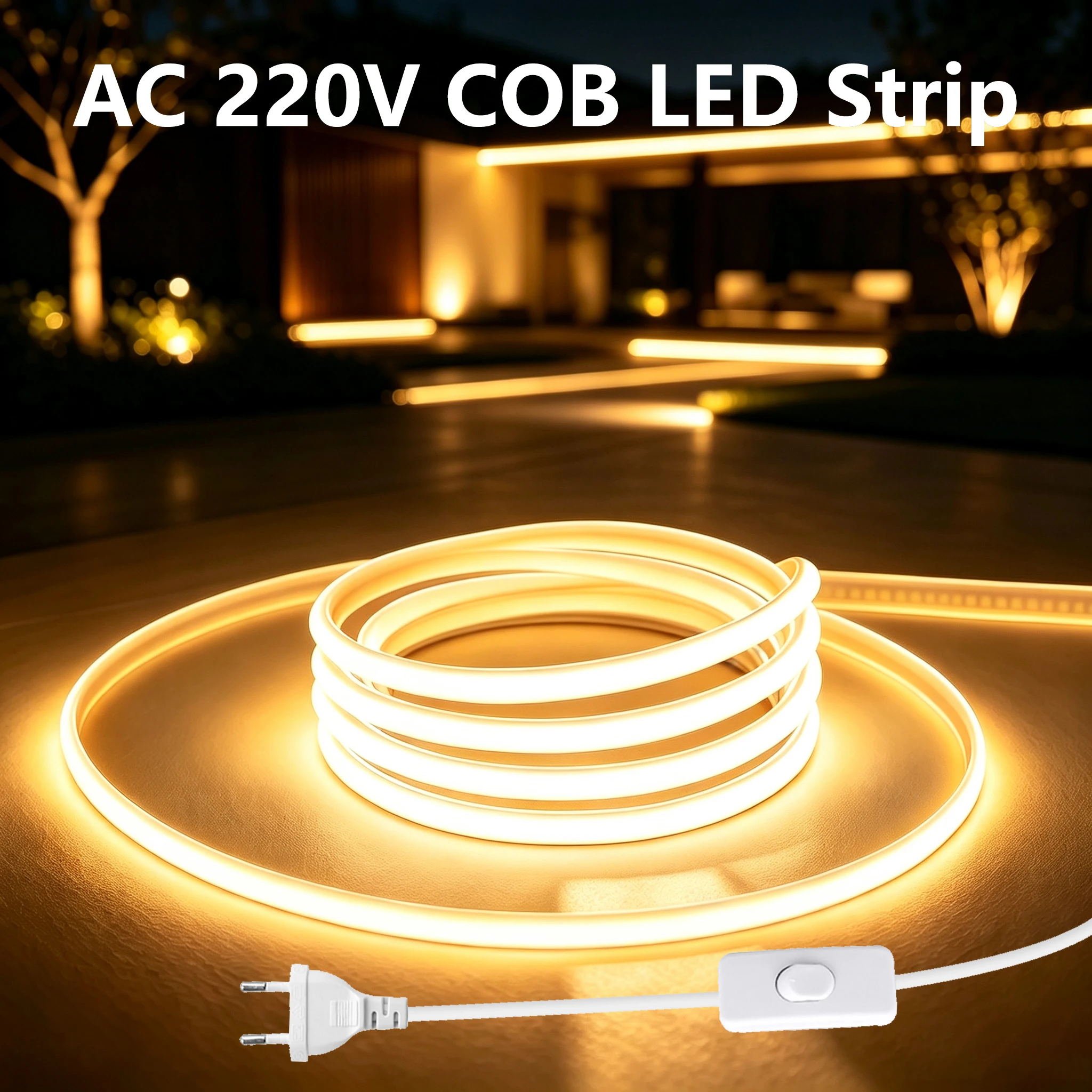 220V COB LED Strip with ON-OFF Switch Outdoor Waterproof LED Strip Flexible Ribbon Neon Tape for Room Kitchen Garden Lighting