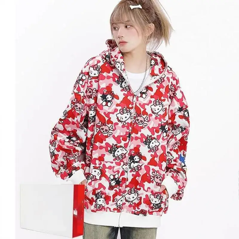 Hello Kittys Hooded Jacket Y2K Sanrioed Cartoon Anime Spring Winter Cotton Camouflage Coat Hip Hop Men Women Casual Loose Tops