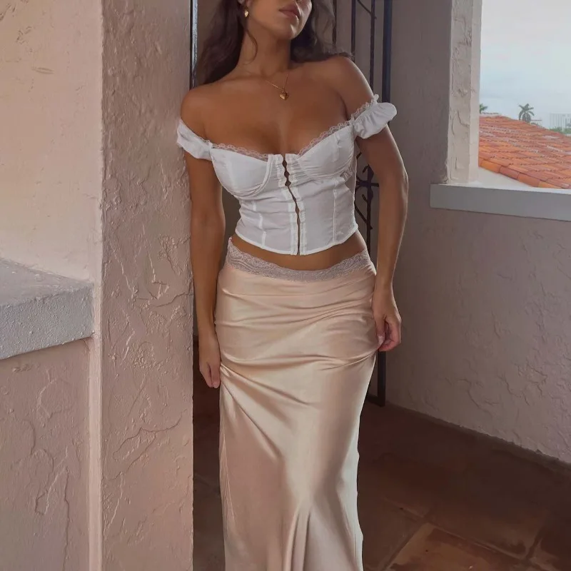 

Parisian Lace Waist Satin Skirt Women's Stretch Bodycon Midi Elasticized Corset Top Sexy Dinner Date Evening Red Carpet Glam