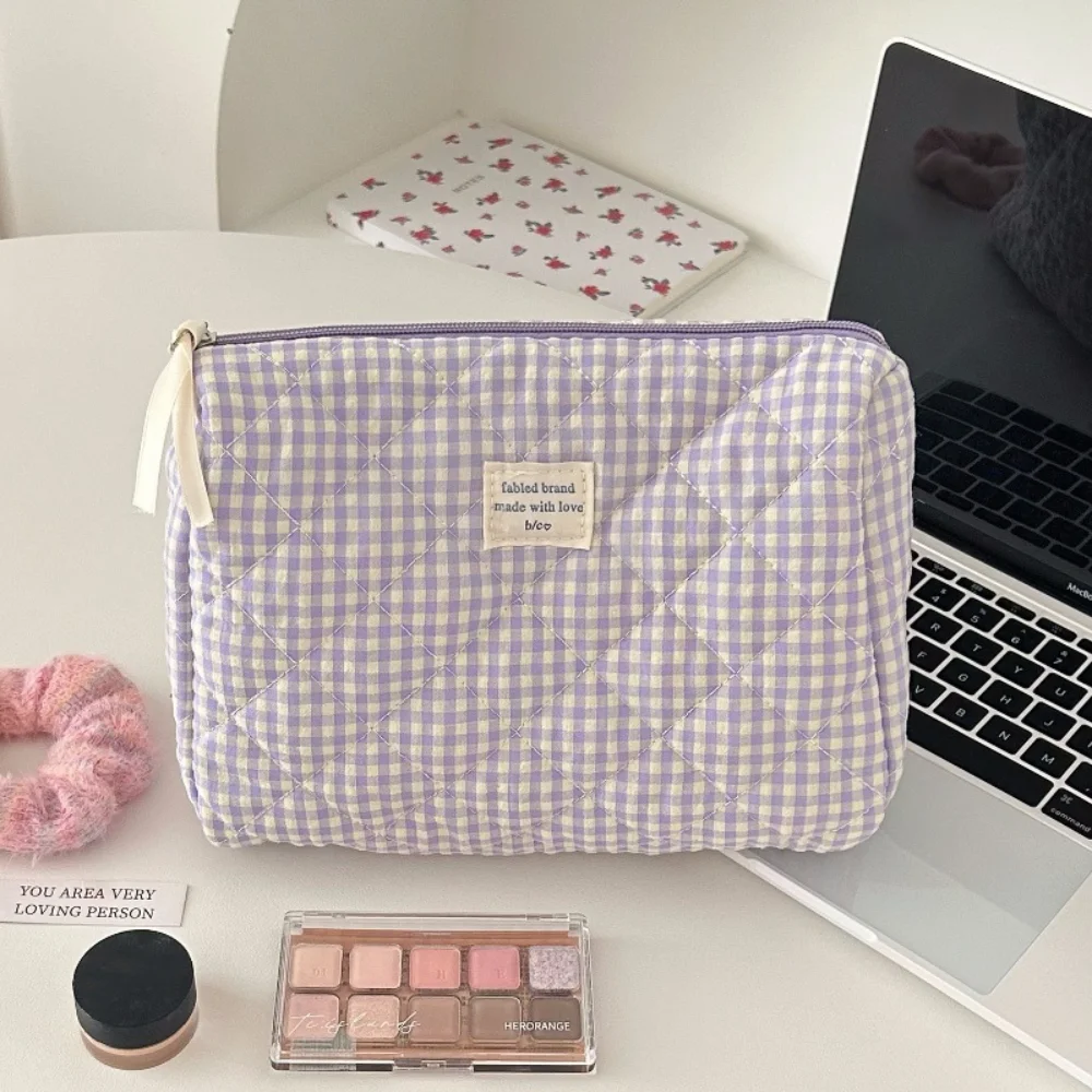 Simple Solid Color Plaid Women\'s Cosmetic Bag Fashion Sweet Soft Fabric Ladies Storage Bags Large Capacity Female Clutch Handbag