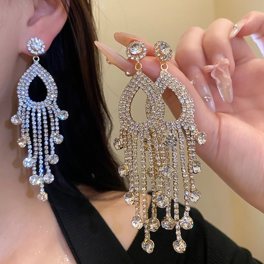 Hollow Teardrop Multi-layer Tassel Long Drop Earrings - Banquet Glam Slim Face Luxury Spark Evening Party Ear Jewelry For Women