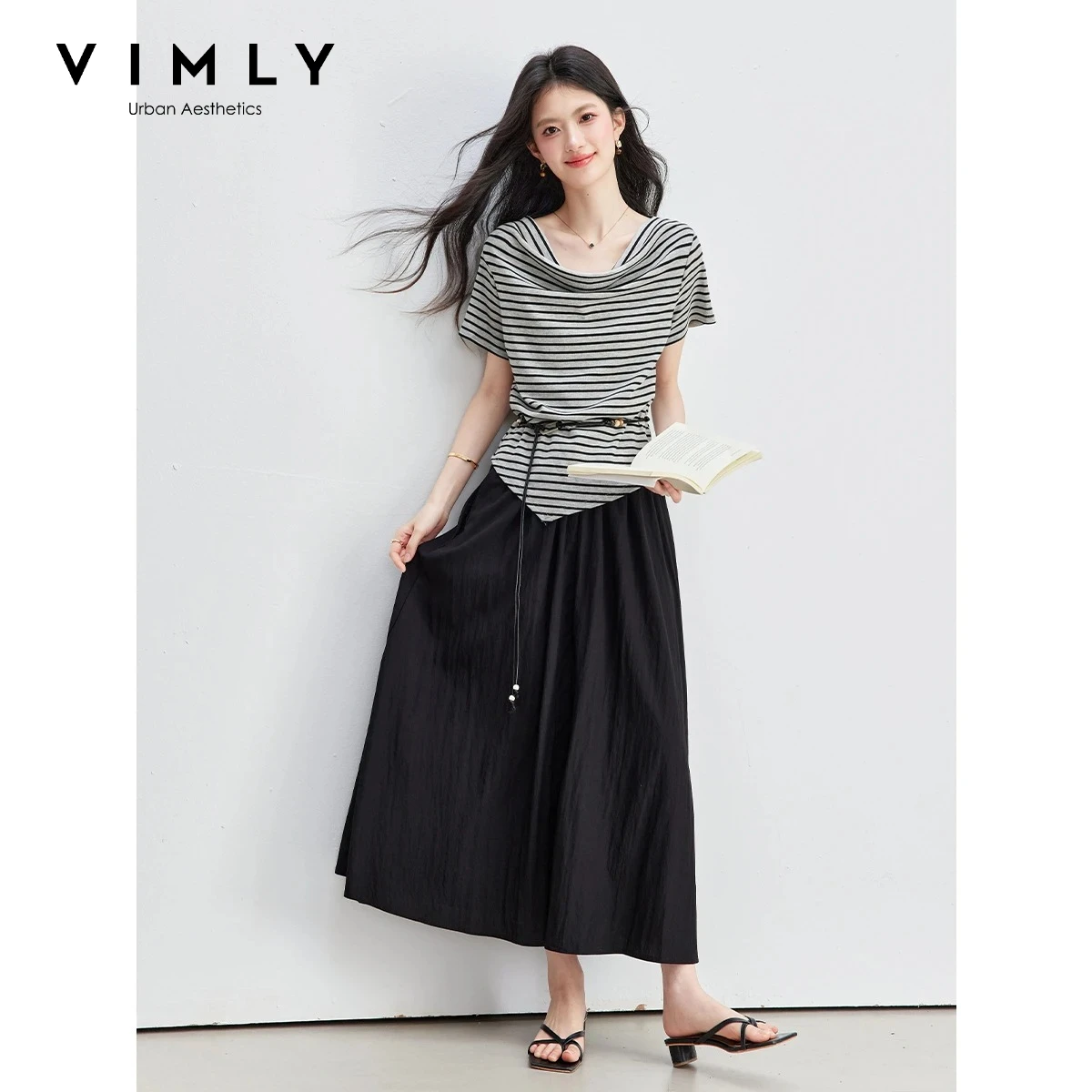 

VIMLY Women Lazy Casual Two Piece Suit Striped Tee Top Elegant Midi Skirt 2026 Summer Fashion Matching Skirt Set 30951