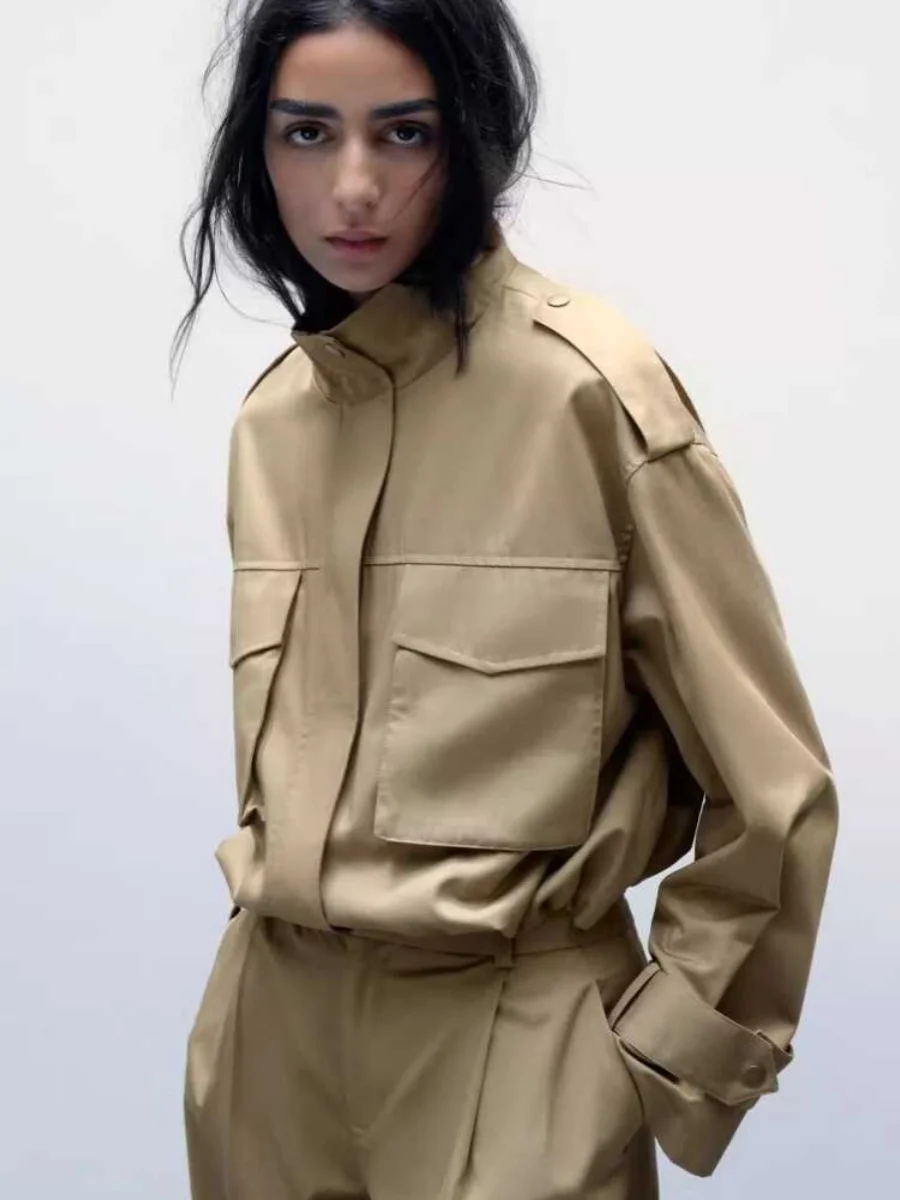 

Spring Autumn New Women's Casual Long Sve Suit Jaet Coat with ket Design Faionable Versatile Loose Fit Cotton Zipper