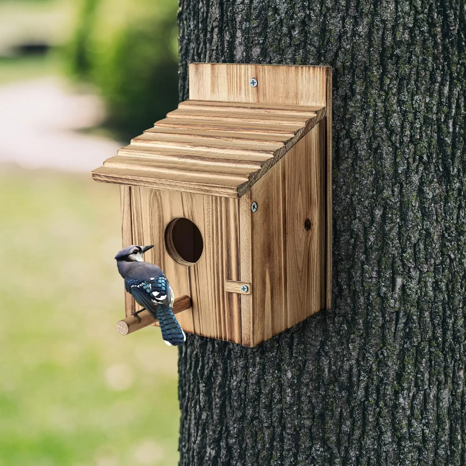 Wooden Bird Houses for Outside with Pole Wood Bird House for Finch Bluebird Cardinals Hanging Birdhouse Garden Country Cottages