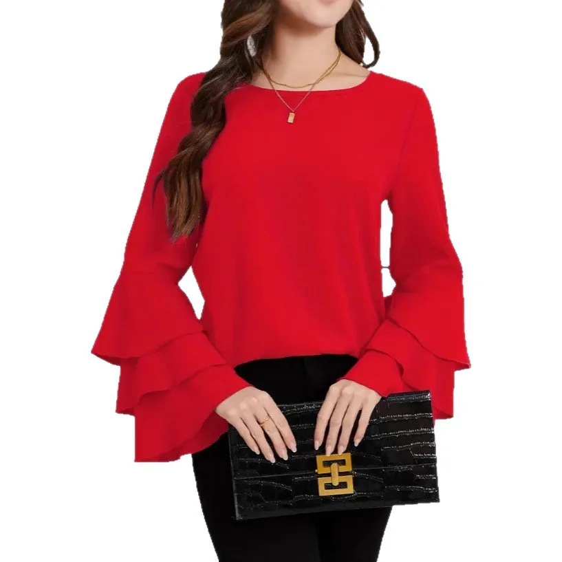 Round Neck Long Sleeve Top Midi Length Private Celebrity Style with No Stretch Pullover Spring for Women Long Sleeve Shirt