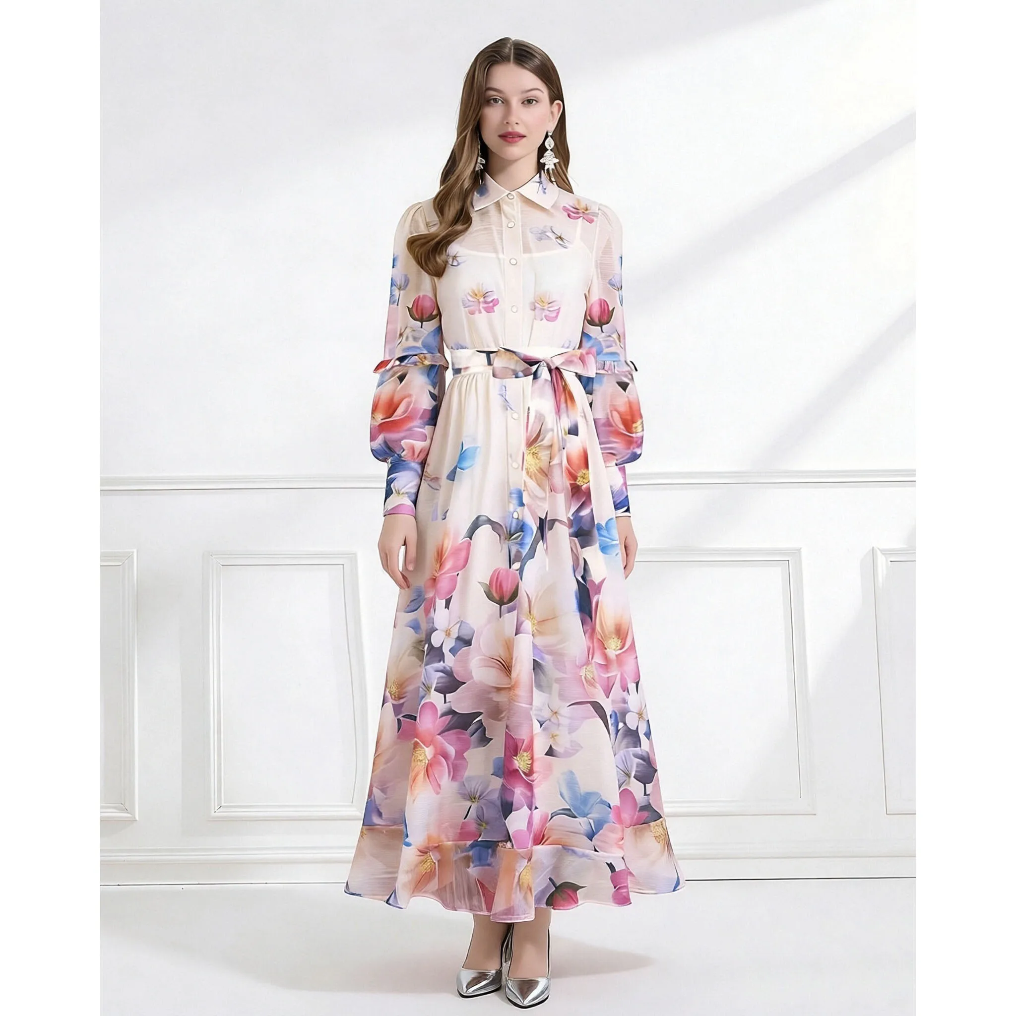 

Роскошное женское макси-платье с цветочным принтом, оборками, рукавами-фонариками, на пуговицах, с поясом, на шнуровке, пляжное, для отпуска, 2026