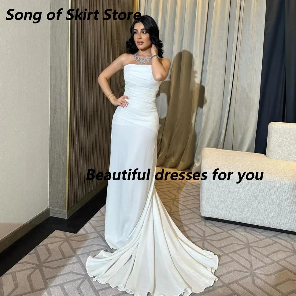 

Elegant Long Prom Dresses for Women Girls Strapless Floor-Length Straight Prom Gown Draped Sweep Train Party Dresses Customized