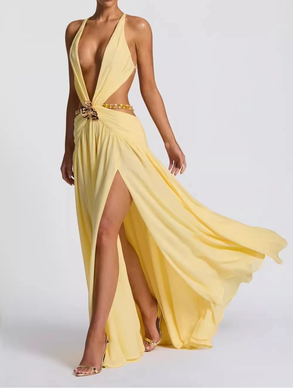 

Yellow Halter Backless Dress Women Sleeveless High Waisted Hollow Out Chic Vestidos Bodycon Summer Vacation Maxi Clothing Lady