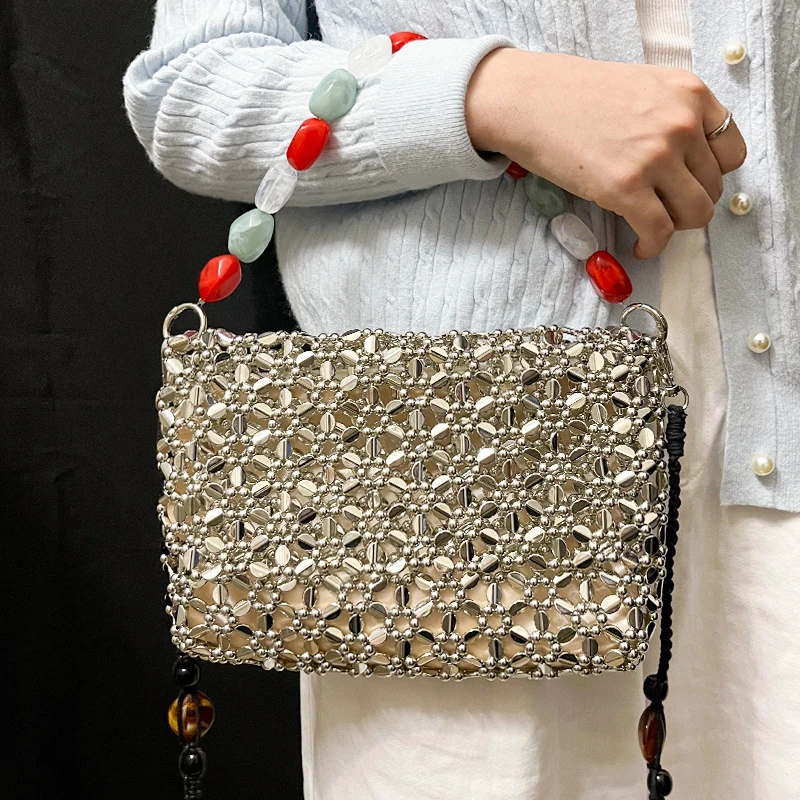 2025 new retro silver hand woven bead acrylic small square bag with long shoulder strap, mobile phone crossbody bag view 6