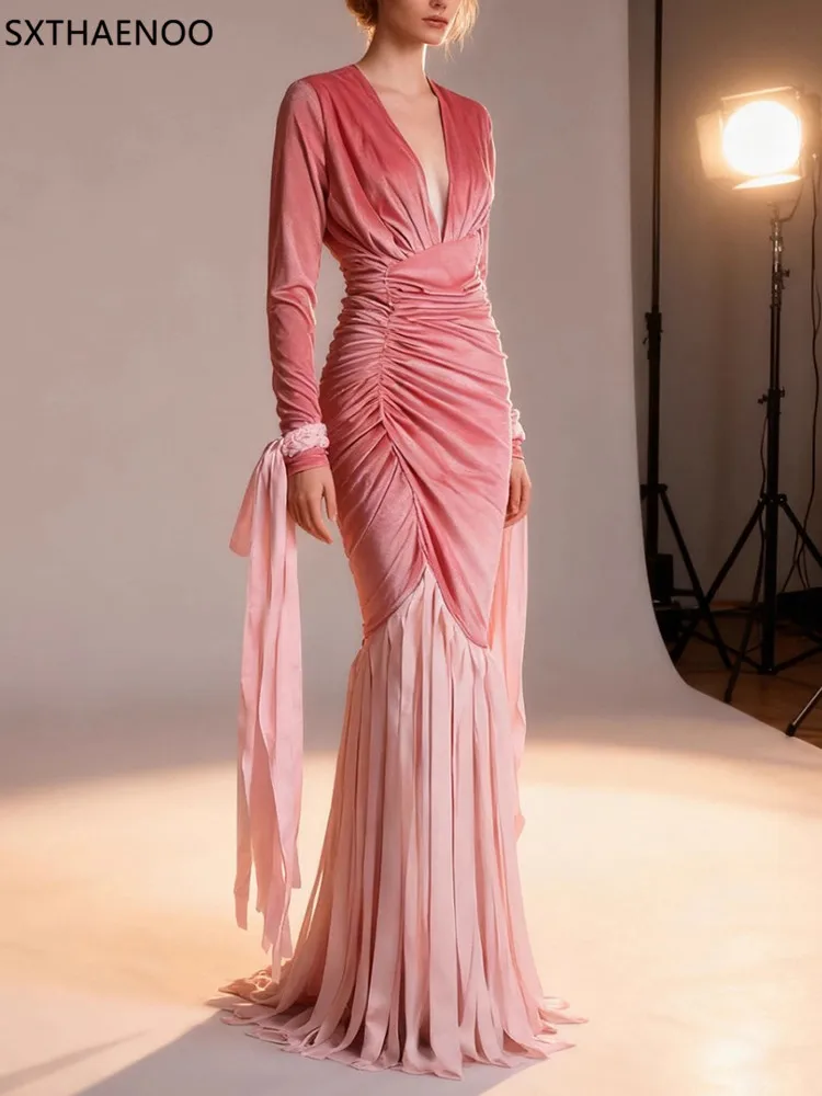 

SXTHAENOO Elegant Dress V-neck Pleated Long Sleeve Tassel Patchwork Women's Evening Party Dresses 2025 Winter New Fashion