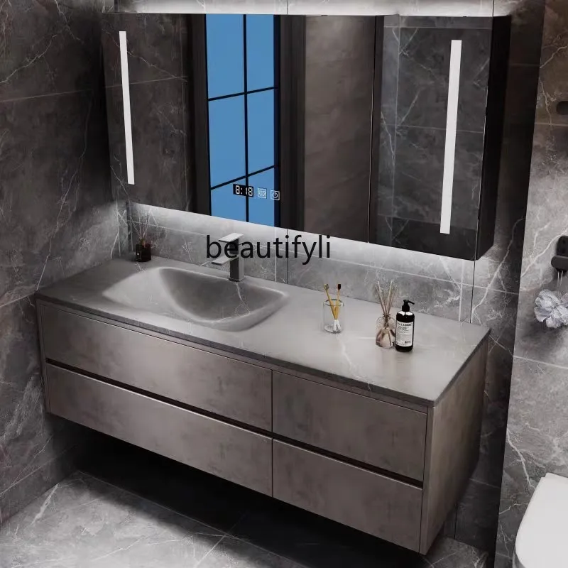 Modern light luxury bathroom cabinet combination rock slab hot bending seamless integrated basin smart mirror cabinet washstand