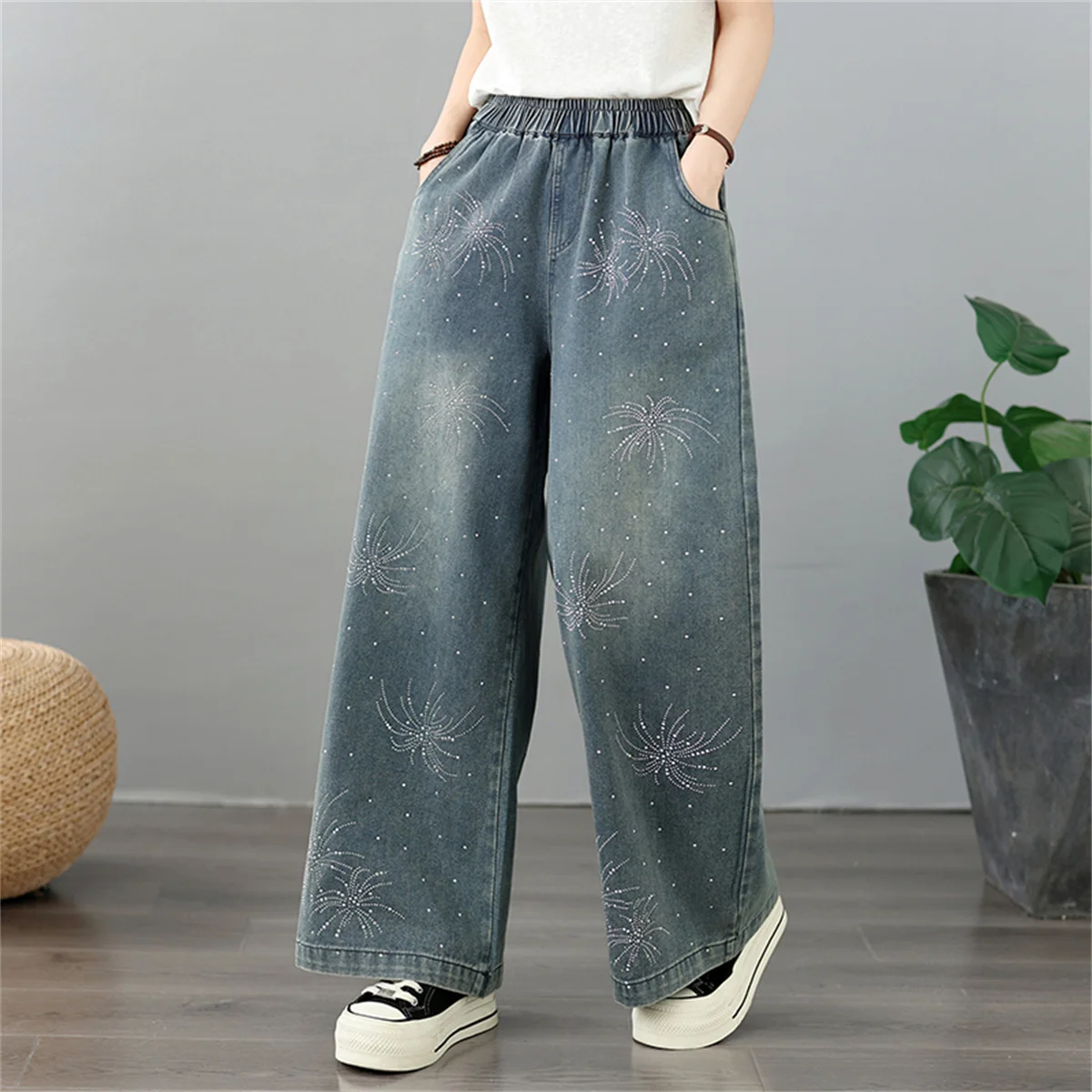 Women Denim Rhinestone Trousers Fashion Solid Color Versatile Casual Wide Leg Pants Ladies Large Size High Waist Women's J