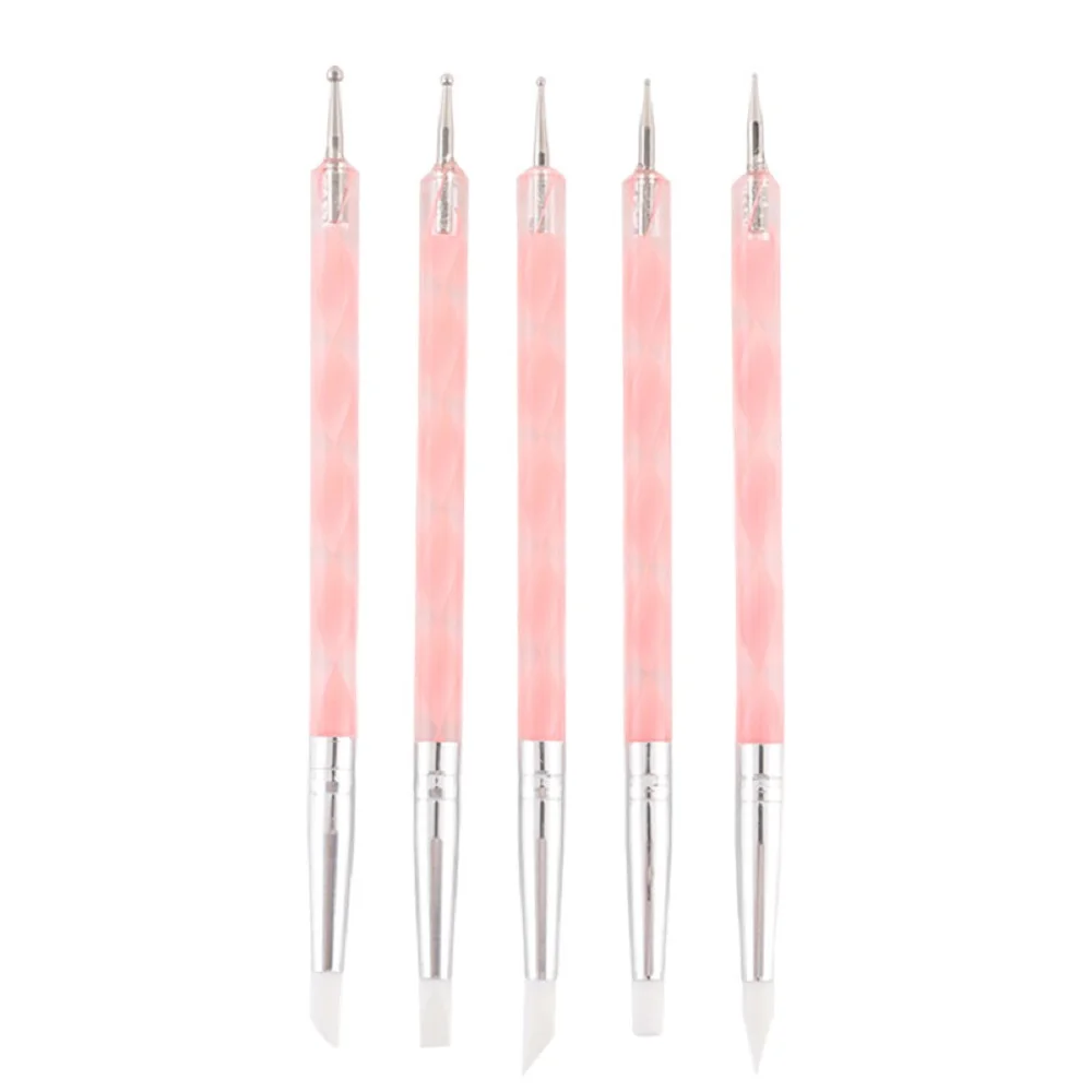 5Pcs 2 Way Nail Art Acrylic Silicone Point Flower Nail Pen Stainless Steel Dotting Tools Marbleizing Painting Pens