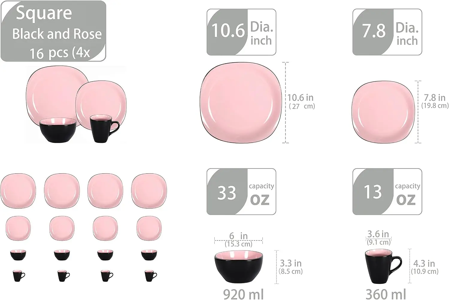 16-Piece Square Stoneware Dinnerware Set: Shiny Rose Interior + Matte Black Exterior, Dishwasher & Microwave Safe, Lead-Free Glaze