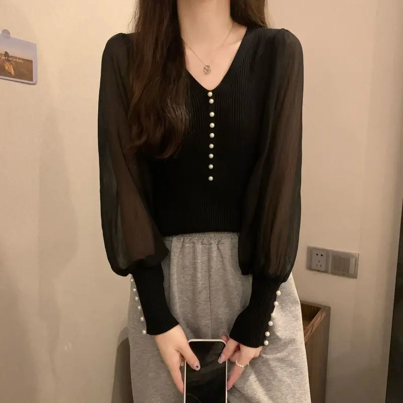 Temperament Chiffon Patchwork Slim T Shirts Spring New Long Sleeve V Neck Solid All-match Tops Elegant Fashion Women Clothing