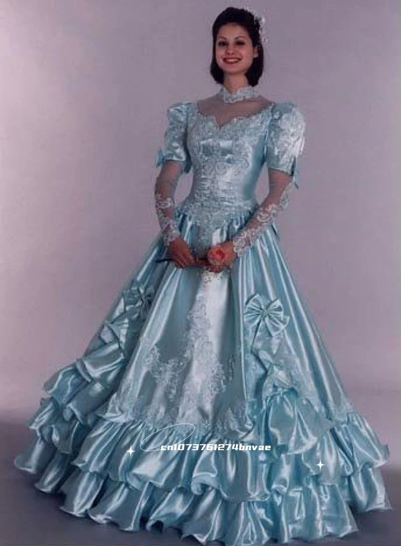 

Vintage Victorian Wedding Dress Ruffle Light Sky Blue Floor Length Bridal Gowns Lace Bow Long Sleeves Bridal Gown Customized