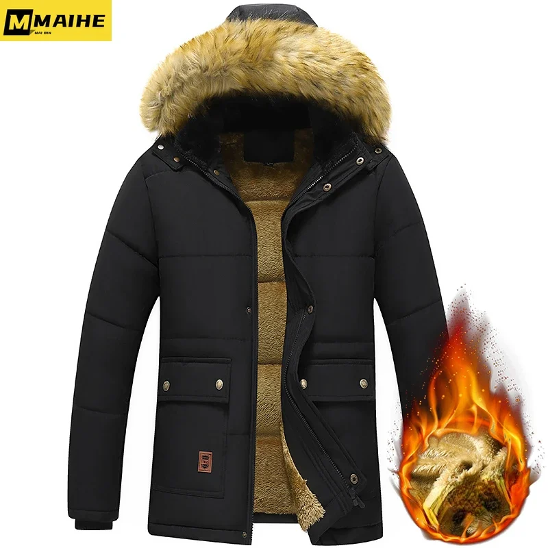 2022 New Men Winter Parka Fleece Lined Thick Warm Hooded Fur Collar Coat Male Size 5XL Plush Jacket Autumn Work Outwearing Black