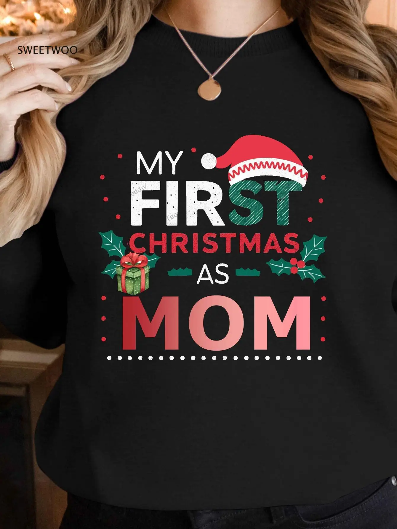 

1Pc Women's First Christmas As Mom Sweatshirt - Casual Crew Neck Polyester Knit Fabric with Geometric Pattern - Fall/winter Fash
