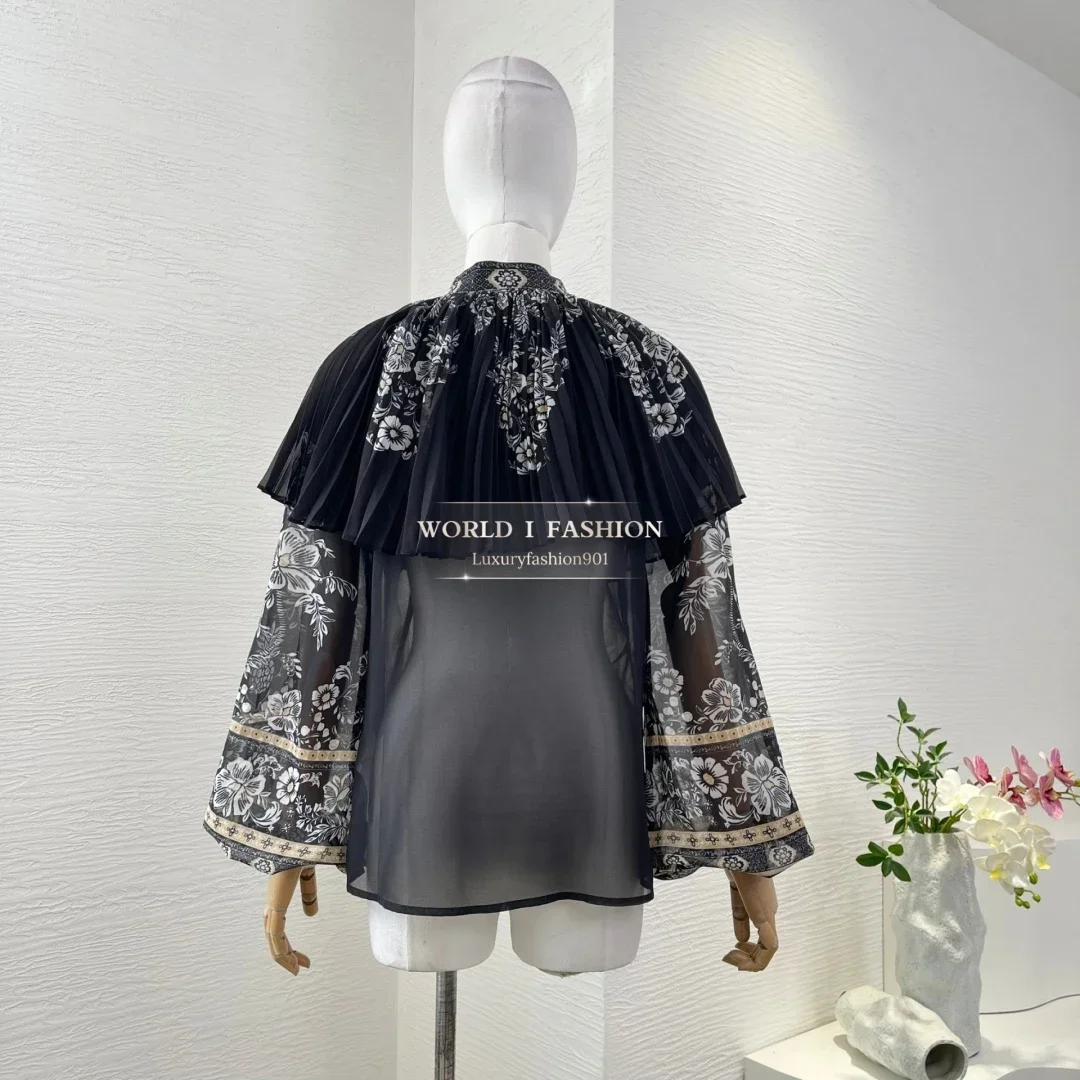 

Black Floral Print Long Sleeve Lantern Sleeve Pleat See Through Blouse Tops and Midi Skirt Set 2025 New Design