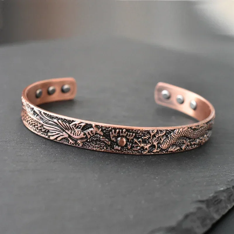 Pure Copper Bracelet Men Traditional Dragon Pattern Men Cuff Bracelet Magnetic Therapy Health Energy Bracelet for Men