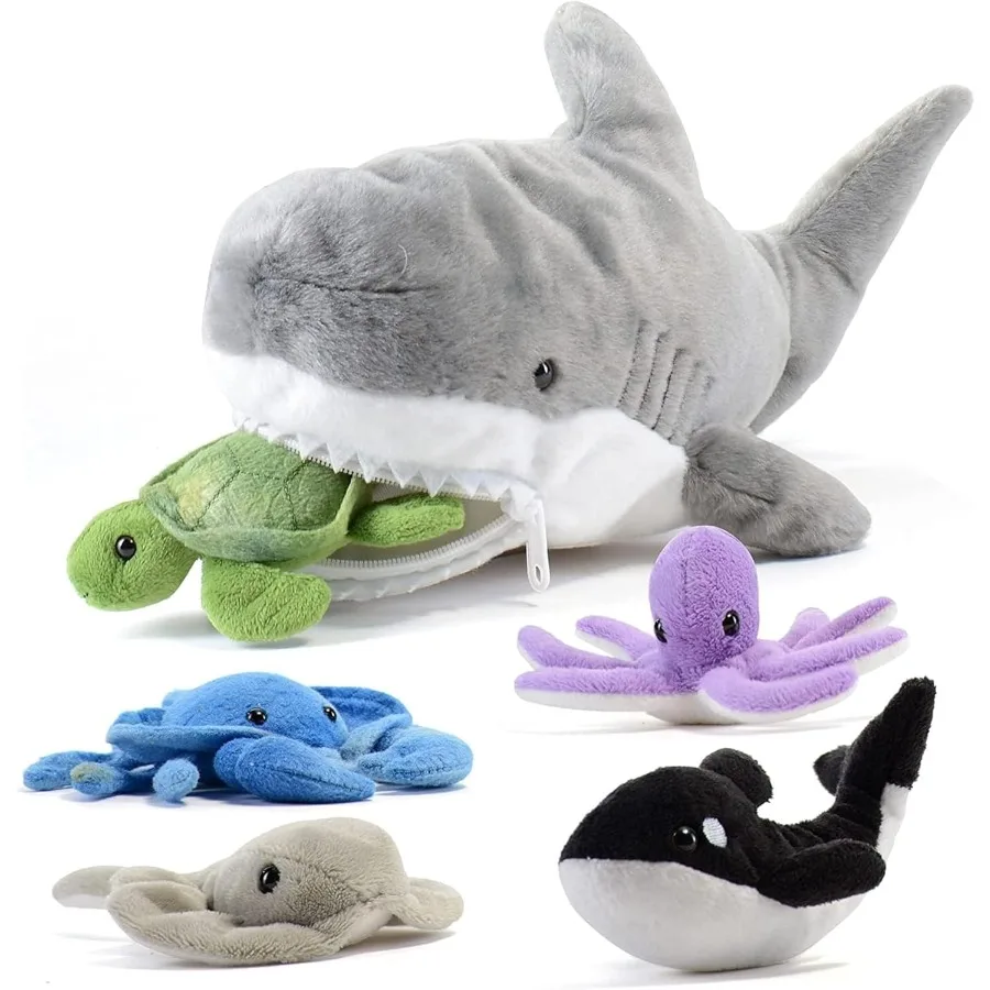 Giant Plush Shark Toy with 5 Sea Animals Turtle Whale Octopus Stingray Crab - Soft Stuffed Animal for Aged 3 Up - Fun Gift for