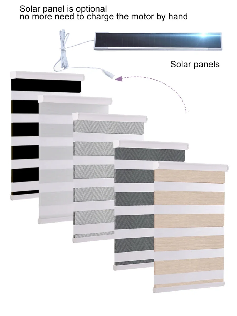Stylish Design High Density Fabric Shades With Solar Panels 75%Blackout Windproof Zebra Blinds For Bedroom