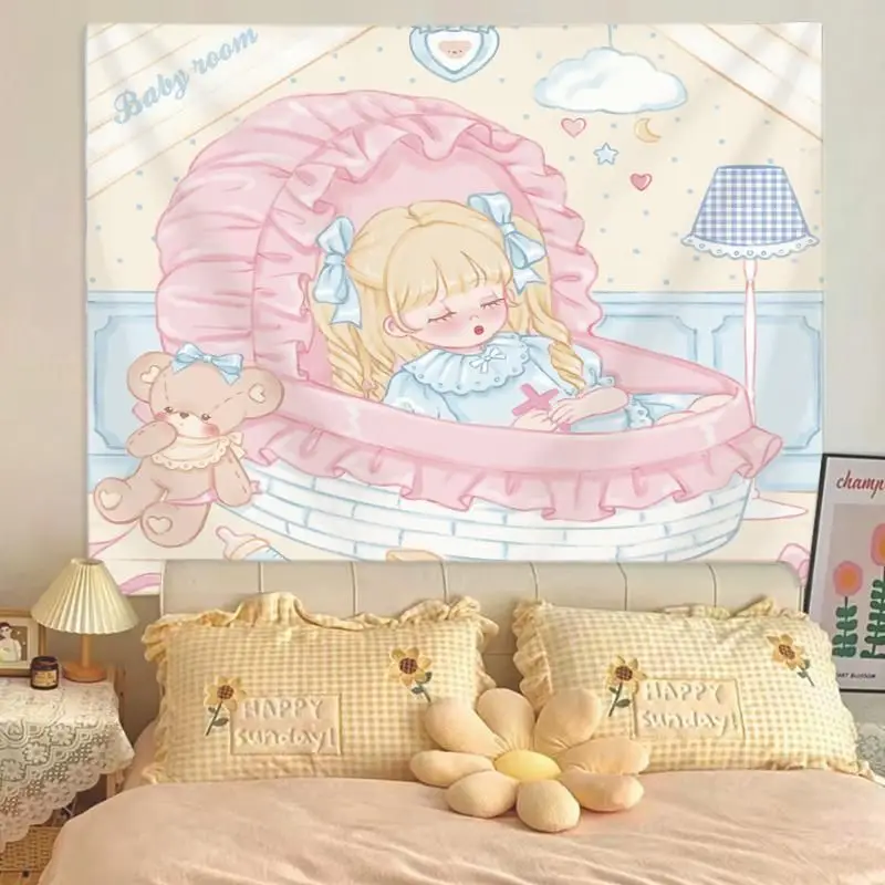 VIKAMA European Garden Angel Bear Tapestry, Cupid Cute Bear Linen Wall Hanging for Bedroom Living Room Dorm Decor