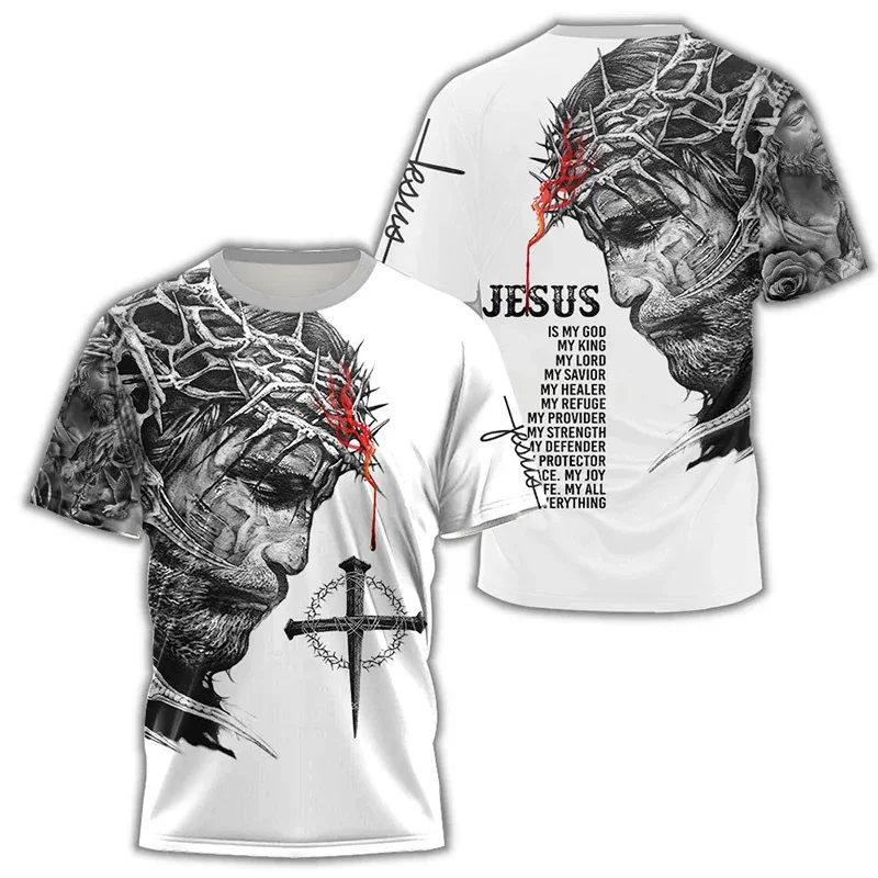 Jesus Cross Lion 3D Printed T-shirt Crusader Templar Men's Fashion Crew Neck Short Sleeve Handsome Personality Casual Daily Top