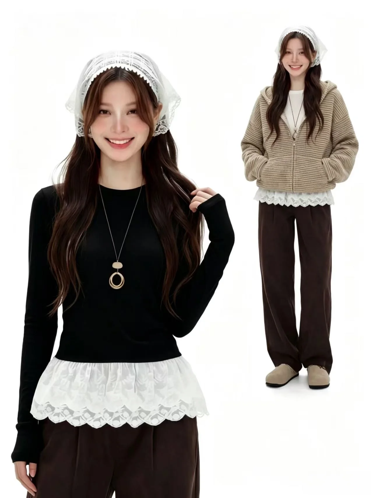 Spring Ballet Lace Trim Long Sleeve 95 Cotton Women's T-shirt plus Size Layering Base Shirt Top Simple Style Pure Color