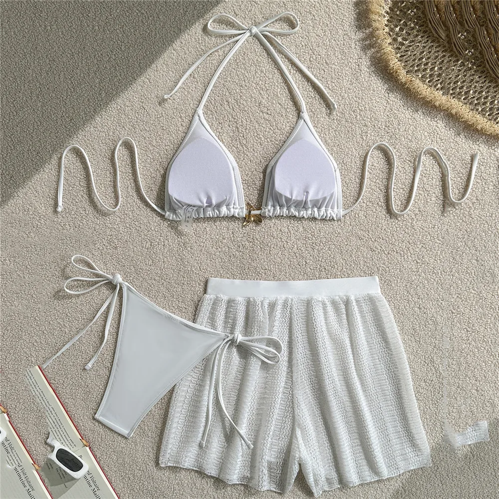 Witte mesh shorts, halter string triangle bikini's, 3-delige micro thong sexy badpakken, dames metalen ster bikini