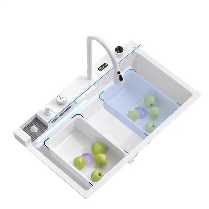 

Cream White Stainless Steel Sink Piano Buttons Digital Display Multifunctional Kitchen Vegetable Sink