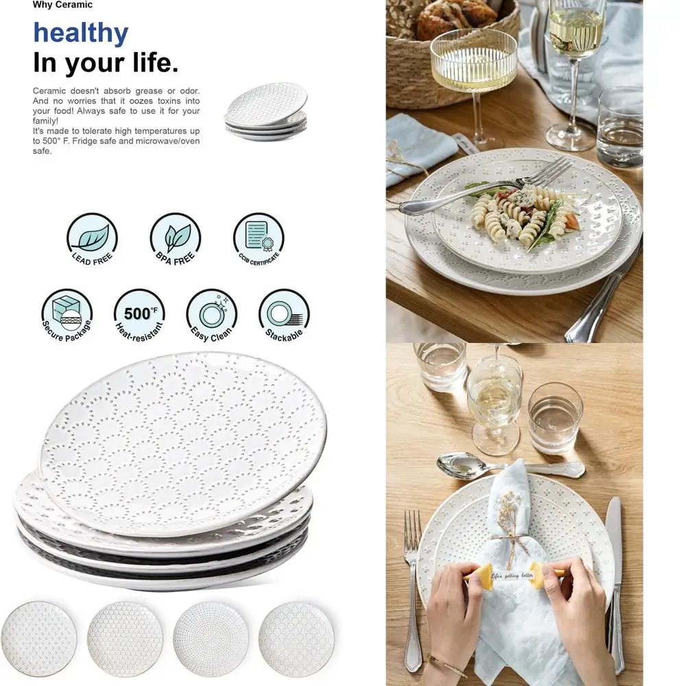 

8-Inch Arctic White Ceramic Embossed Salad Plates Set of 4, Ideal for Appetizers, Desserts, and Small Dinners, Perfect for House