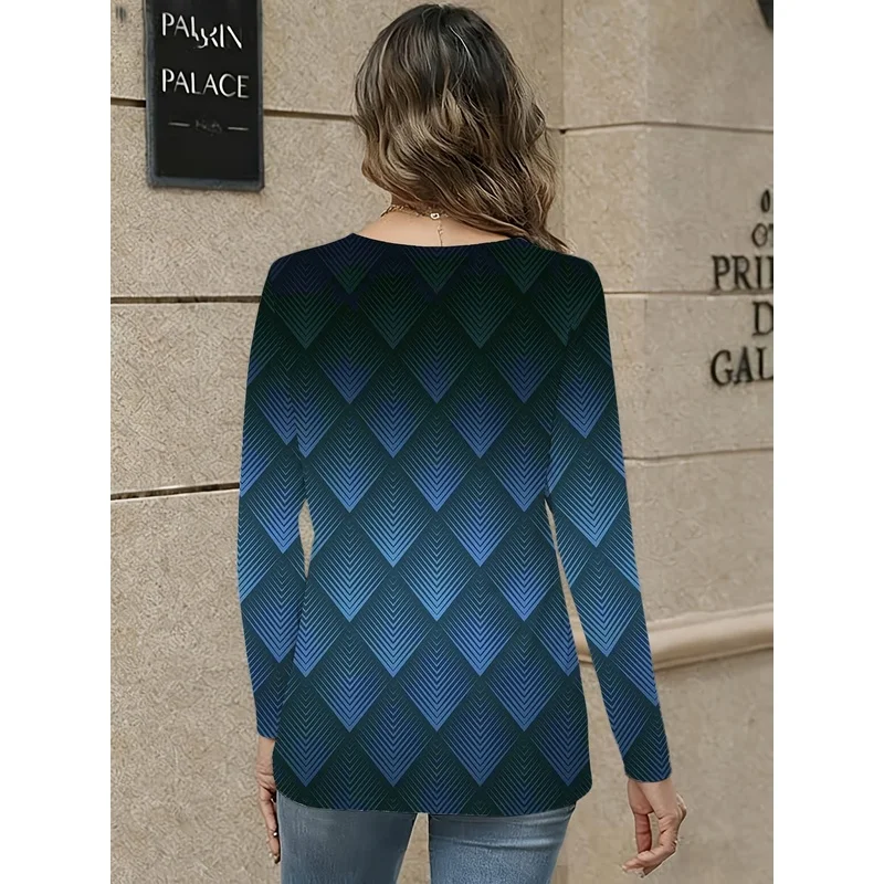 Blue Gradient Geometric Pattern Women's Long Sleeve V Neck Casual T Shirt Comfortable Everyday Wear Top Ideal Present for Girlfr