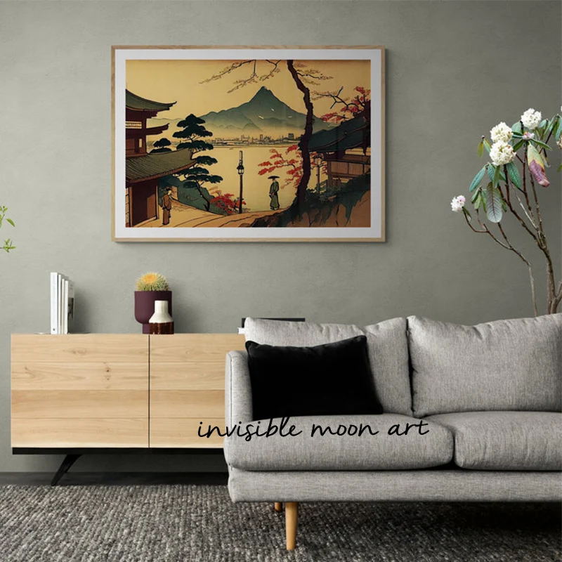 Retro Japanese Zen Landscape Mountain River Boat Birds Sunset Art Poster Canvas Painting Wall Prints Picture for Room Home Decor