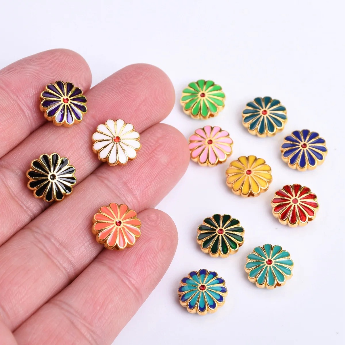 10pcs Enamel Metal 12mm Flat Round Flower Shape Loose Craft Beads For Jewelry Making DIY Findings