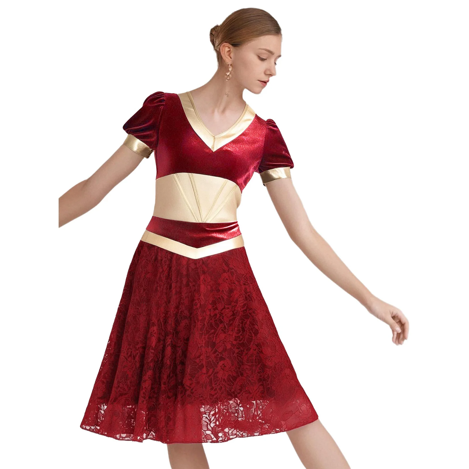Adults Women Arabian Princess Floral Lace Performance Dance Dress Metallic Gloss Patchwork Classical Modern Stage Dance Shows