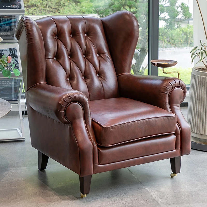 Single Sofa Chair European Style Living Room Retro Style Tiger Chair Cowhide Leather Buckle Hotel Godfather Cigar