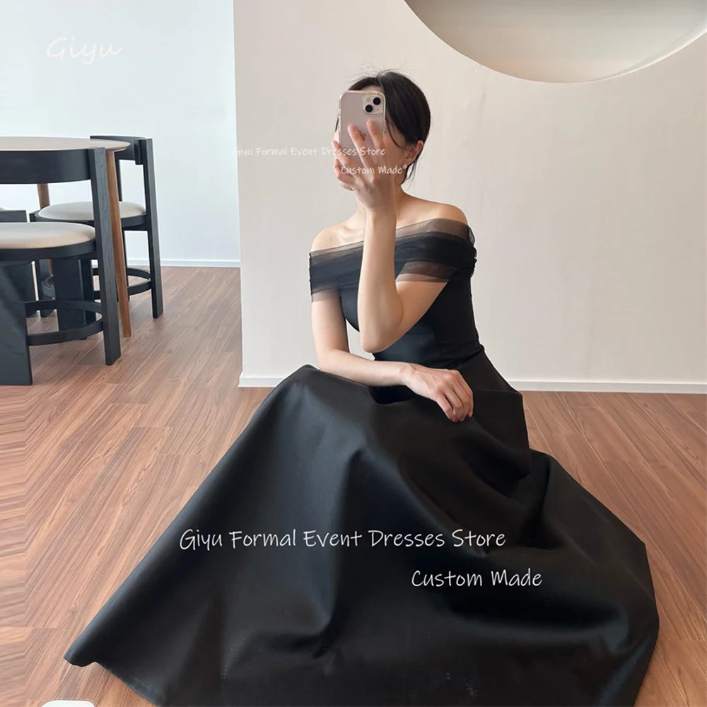 Giyu Simple Black Korea Evening Dresses Wedding Photoshoot Bolero Tulle Satin Floor Length Formal Occasion Dress Corset Back