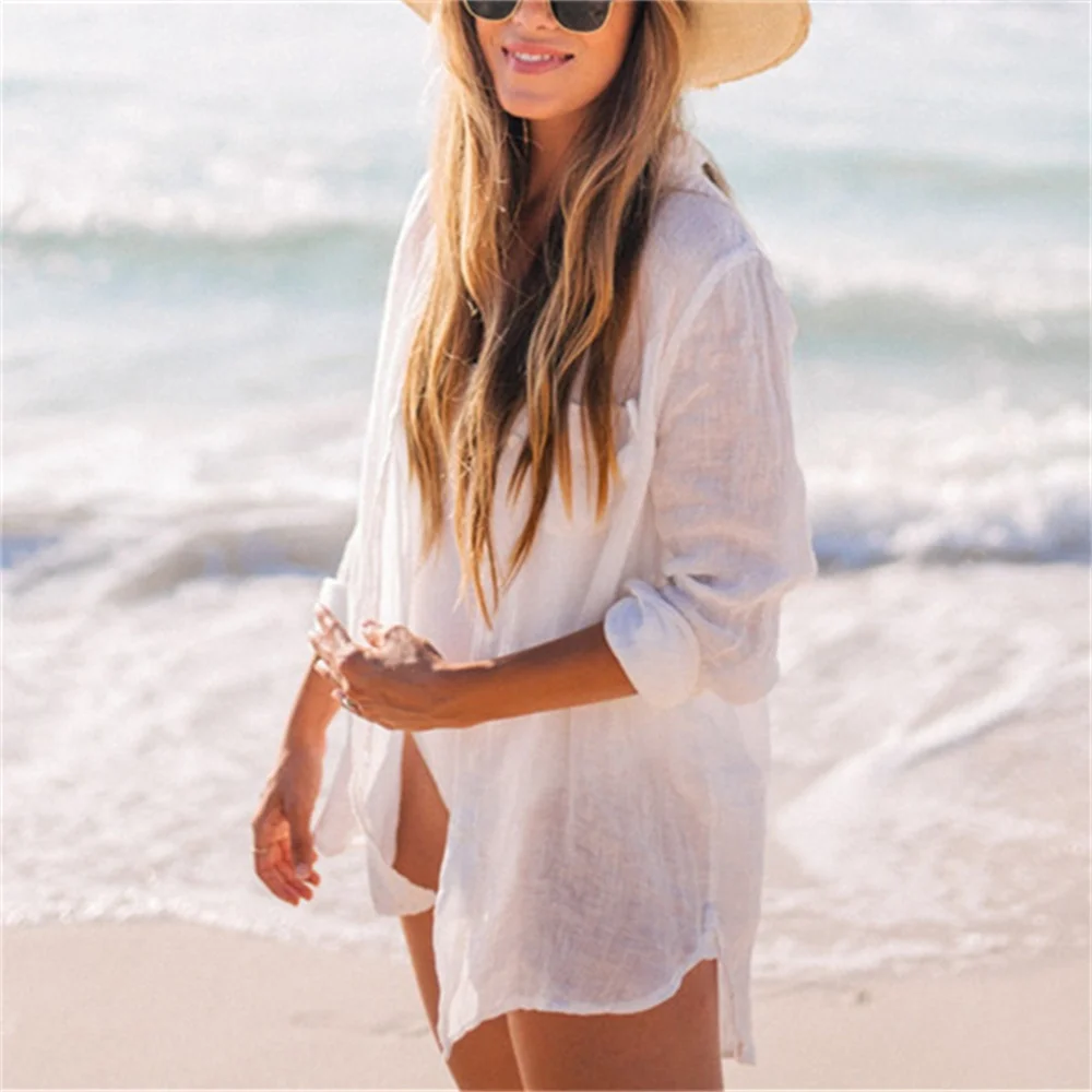 Summer Beach Blouse Bikini Sun Protection White Shirt Swim Suit Cover-ups Sexy Beach Cover Up Women Top saida de praia pareo