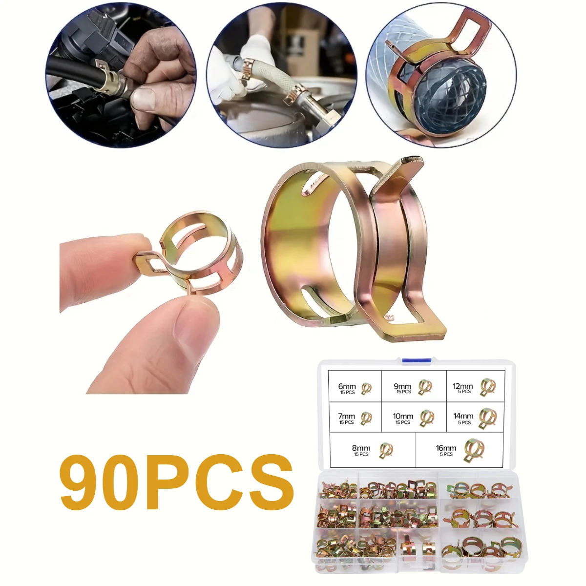 90-teiliges Hochleistungs-Federschlauchklemmen-Set, 6mm-16mm Verstellbare Bandklemmen für Kraftstoff- und Luftleitungen, Langlebige Metallbefestigungen
