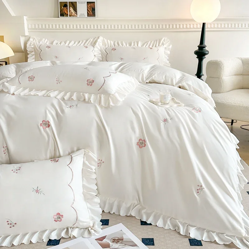 Luxury 2025 Bed Linen Set, Ice Silk, Princess - Style with Ruffles and Korean Style Embroidery, Fits 1.2m, 1.5m, 1.8m, 2.0m Beds