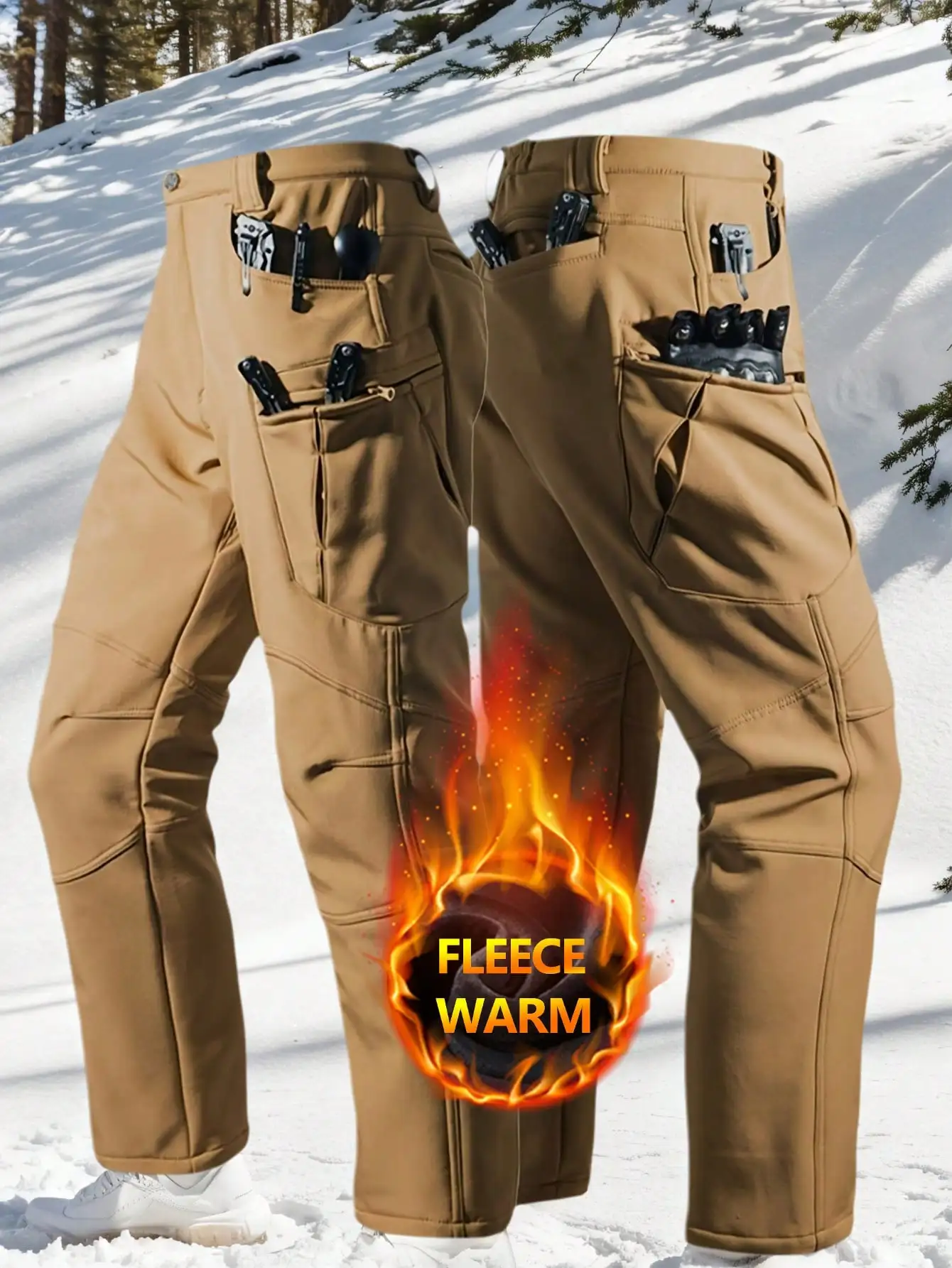 

Men's Fleece-Lined Cargo Pants Windproof Soft Shell Trousers Multi-Pocket Outdoor Work Wear